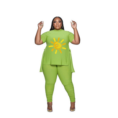 L-5XL 2023 naujas mados plius dydžio dviejų dalių rinkinys pavasario vasaros moteriškų drabužių marginimas trumpomis rankovėmis, laisvalaikio kelnių kostiumas, moteriška apranga