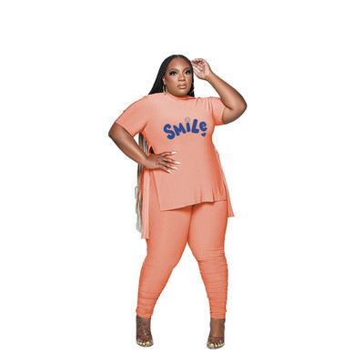 L-5XL 2023 naujas mados plius dydžio dviejų dalių rinkinys pavasario vasaros moteriškų drabužių marginimas trumpomis rankovėmis, laisvalaikio kelnių kostiumas, moteriška apranga