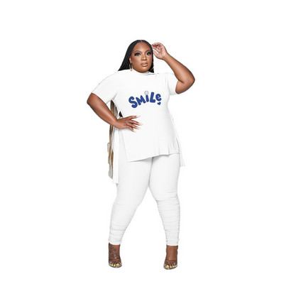 L-5XL 2023 naujas mados plius dydžio dviejų dalių rinkinys pavasario vasaros moteriškų drabužių marginimas trumpomis rankovėmis, laisvalaikio kelnių kostiumas, moteriška apranga