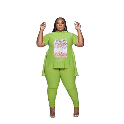 L-5XL 2023 naujas mados plius dydžio dviejų dalių rinkinys pavasario vasaros moteriškų drabužių marginimas trumpomis rankovėmis, laisvalaikio kelnių kostiumas, moteriška apranga