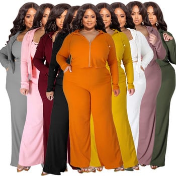 Plus Size 3 τεμάχια L-5XL Φθινοπωρινό με ριμπ μακρυμάνικο φερμουάρ με κουκούλα Crop σακάκι φαρδύ παντελόνι 3 τεμαχίων σετ Γυναικεία casual αθλητική φόρμα