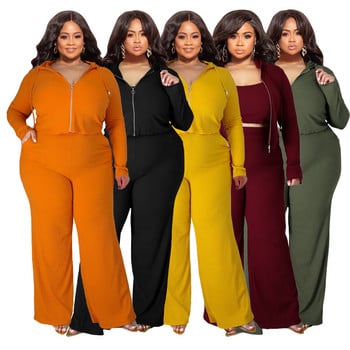 Plus Size 3 τεμάχια L-5XL Φθινοπωρινό με ριμπ μακρυμάνικο φερμουάρ με κουκούλα Crop σακάκι φαρδύ παντελόνι 3 τεμαχίων σετ Γυναικεία casual αθλητική φόρμα