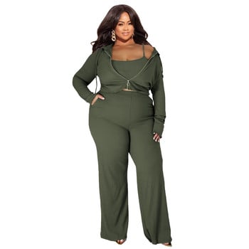 Plus Size 3 τεμάχια L-5XL Φθινοπωρινό με ριμπ μακρυμάνικο φερμουάρ με κουκούλα Crop σακάκι φαρδύ παντελόνι 3 τεμαχίων σετ Γυναικεία casual αθλητική φόρμα