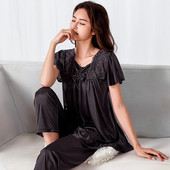 Suvine öösärk naiste satiinist siidist lühikeste varrukatega pükste ülikond naistele keskealine pits, ülisuur M-5XL pidžaama magamistoakomplekt