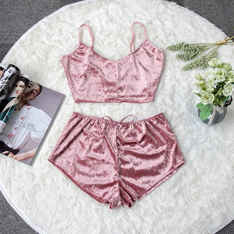 2tk Moodsad naiste sametist magamisriided Seksikad spagetirihmaga lühikesed püksid Naiste magamisriiete varrukateta pidžaamakomplektid