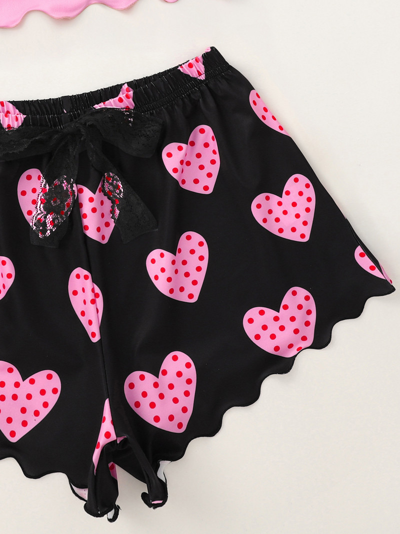 Roosa südameprinteriga pidžaamad naistele pidžaamakomplektid 2-osaline pitsist aluspesu suvised pidžaamaülikonnad lühikesed püksid seksikas magamisriided kikisõlme komplekt