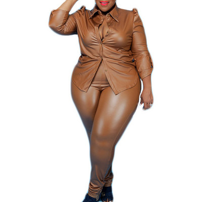 Plus Size Faux PU Δερμάτινο παντελόνι 2 τεμαχίων 4XL μακρυά φουσκωτά μπλουζάκια Sexy skinny παντελόνια Africa Bodycon Strechy αθλητικές φόρμες