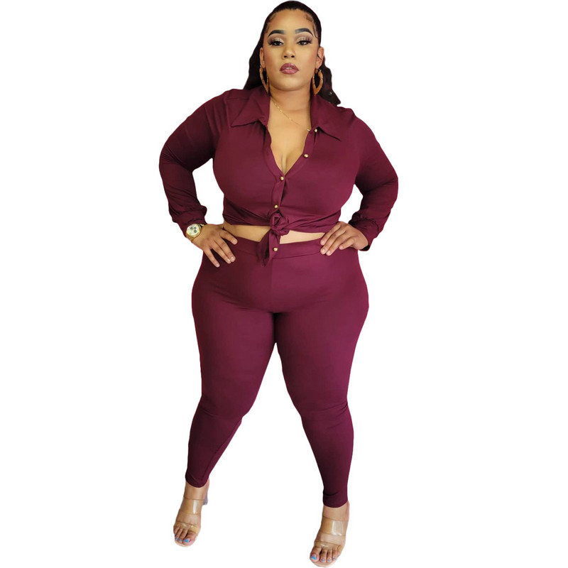XL-4XL Seturi de dimensiuni mari, culoare solidă, cămașă cu mânecă lungă, top și pantaloni, costume 2 ținute din două piese, ocazional, pentru femei, dropshipping cu ridicata