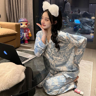 Pidžaamakomplektid Kvaliteetsed Kerge Luksus Siid Naiste Magamisriided Kevad sügis Pikad varrukad Mood Ice Silk Koduriided Salongirõivad