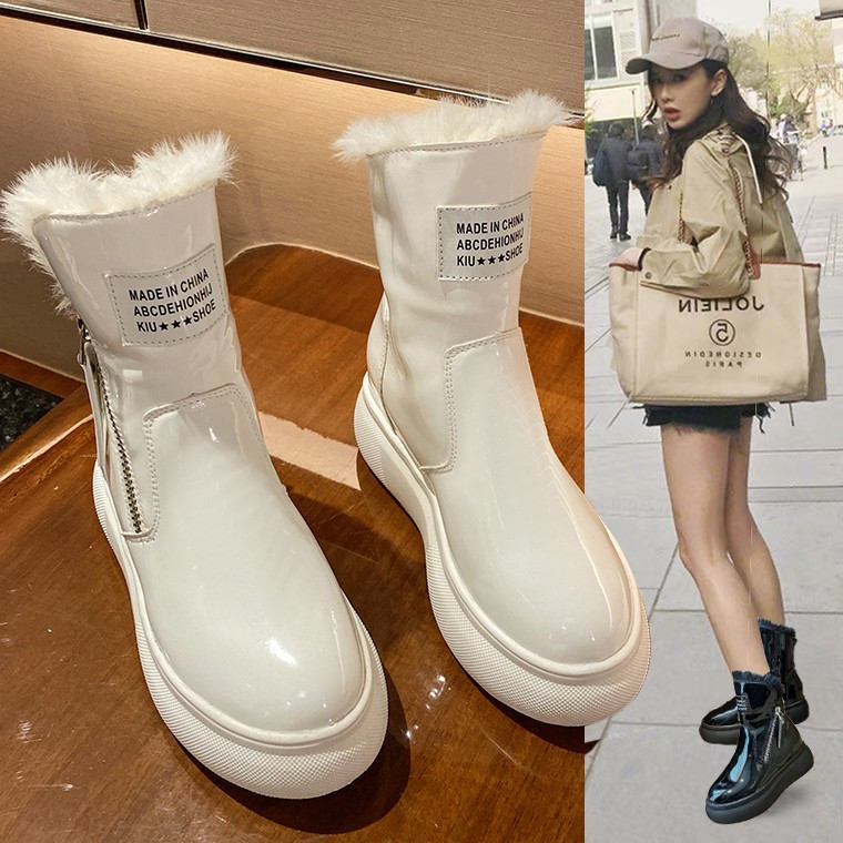 2023 Νέες γυναικείες μπότες χιονιού Δερμάτινα ζεστά βελούδινα γούνινα χειμερινά παπούτσια Γυναικείες μπότες με φερμουάρ Κοντό γυναικείο μέγεθος 35-40