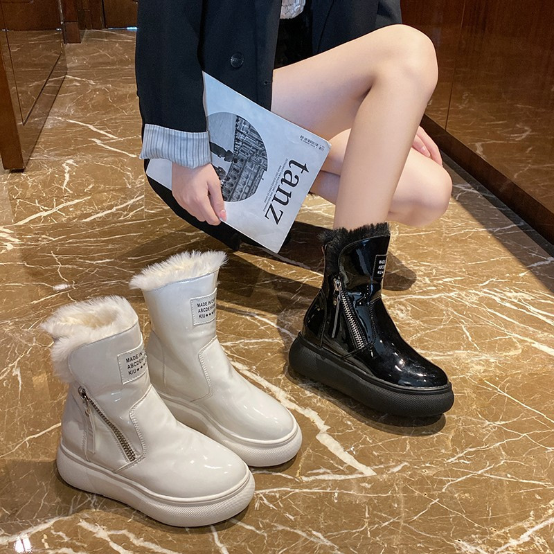 2023 Νέες γυναικείες μπότες χιονιού Δερμάτινα ζεστά βελούδινα γούνινα χειμερινά παπούτσια Γυναικείες μπότες με φερμουάρ Κοντό γυναικείο μέγεθος 35-40