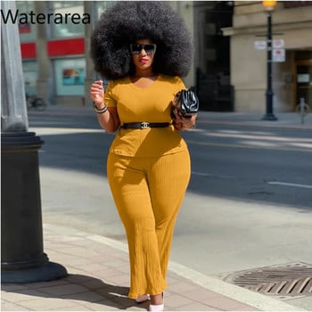 Waterarea Plus Size Two Σετ 2 τεμαχίων Γυναικεία ρούχα Casual μπλουζάκι με ρουτσέ και φαρδύ παντελόνι Jogger Suit Fashion Σετ παντελονιού με ραβδώσεις