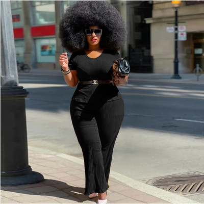 Waterarea Plus Size Two Σετ 2 τεμαχίων Γυναικεία ρούχα Casual μπλουζάκι με ρουτσέ και φαρδύ παντελόνι Jogger Suit Fashion Σετ παντελονιού με ραβδώσεις