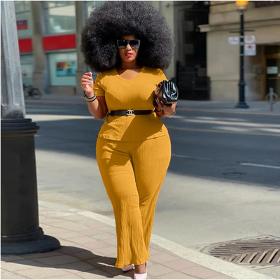 Waterarea Plus Size Two Σετ 2 τεμαχίων Γυναικεία ρούχα Casual μπλουζάκι με ρουτσέ και φαρδύ παντελόνι Jogger Suit Fashion Σετ παντελονιού με ραβδώσεις