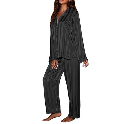 Set pijamale cu dungi pentru damă, pijamale solid din satin de mătase franțuzesc, set din două piese, pijamale confortabile pentru acasă