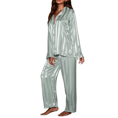 Set pijamale cu dungi pentru damă, pijamale solid din satin de mătase franțuzesc, set din două piese, pijamale confortabile pentru acasă