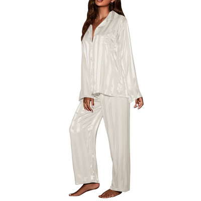Set pijamale cu dungi pentru damă, pijamale solid din satin de mătase franțuzesc, set din două piese, pijamale confortabile pentru acasă