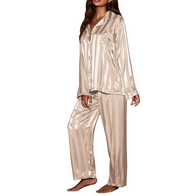 Set pijamale cu dungi pentru damă, pijamale solid din satin de mătase franțuzesc, set din două piese, pijamale confortabile pentru acasă