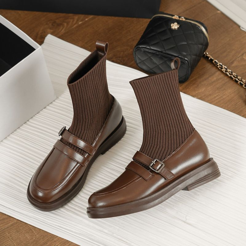 Uued naiste saapad Retrostiilis Väikesed nahast kingad Mood Moodsad Stretch-saapad Naiste vabaaja platvormkingad Kevad-sügissaapad