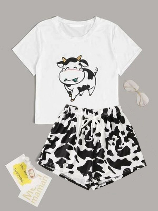 Armsad naiste pidžaamad, lehmaprint 2020 pidžaamad lühikeste varrukatega magamisriided Multifilmi pidžaamad suvekoduriided