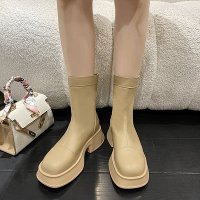 Naiste poolsaapad Moodsad paksud kontsad kevadtalv vabaaja välistingimustes olevad küljetõmblukuga kingad Naiste vaba aja venivad saapad 2022