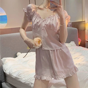 Γυναικείες πιτζάμες Satin Silk Kawaii Sleepwear Δαντέλα Pijama Princess Pijamas Ruffle Design Σετ κρεβατοκάμαρας Loungewear Negligee Suit Pjs