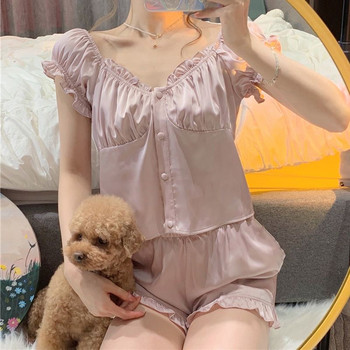 Γυναικείες πιτζάμες Satin Silk Kawaii Sleepwear Δαντέλα Pijama Princess Pijamas Ruffle Design Σετ κρεβατοκάμαρας Loungewear Negligee Suit Pjs