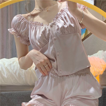 Γυναικείες πιτζάμες Satin Silk Kawaii Sleepwear Δαντέλα Pijama Princess Pijamas Ruffle Design Σετ κρεβατοκάμαρας Loungewear Negligee Suit Pjs