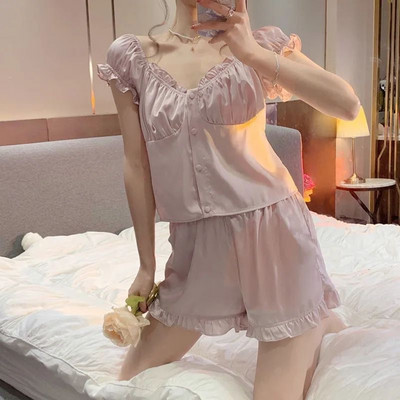 Moteriškos pižamos, atlasinio šilko Kawaii miegui nėriniuoti pižamos princesės pižamos raukinio dizaino miegamojo komplektas poilsio apranga Negligee kostiumas Pjs