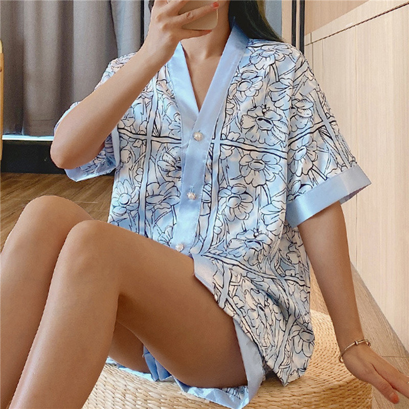 Set nou de lux pentru femei Pijamale din mătase de gheață Pijamale cu desene animate Îmbrăcăminte de acasă Lenjerie de dormit Set 2 piese Pijamale de damă Plus Size Lingere 2XL
