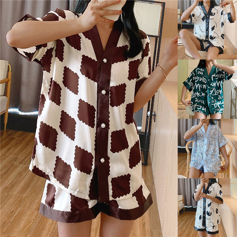 Set nou de lux pentru femei Pijamale din mătase de gheață Pijamale cu desene animate Îmbrăcăminte de acasă Lenjerie de dormit Set 2 piese Pijamale de damă Plus Size Lingere 2XL