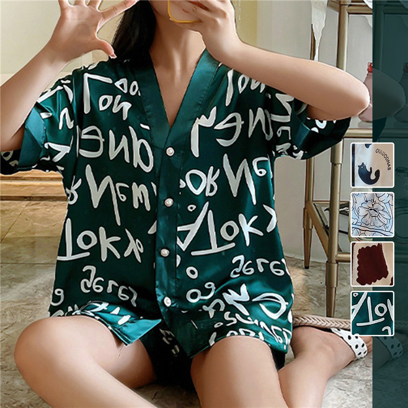 Set nou de lux pentru femei Pijamale din mătase de gheață Pijamale cu desene animate Îmbrăcăminte de acasă Lenjerie de dormit Set 2 piese Pijamale de damă Plus Size Lingere 2XL