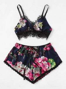 Kuumad elegantsed daami pidžaamakomplektid vabaaja sidemega aluspesu pitsprinteriga pesu magamisriided Naiste seksikas V-kaelusega lilleline Babydoll Plus Size