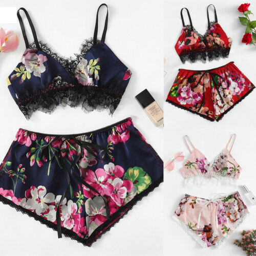 Kuumad elegantsed daami pidžaamakomplektid vabaaja sidemega aluspesu pitsprinteriga pesu magamisriided Naiste seksikas V-kaelusega lilleline Babydoll Plus Size