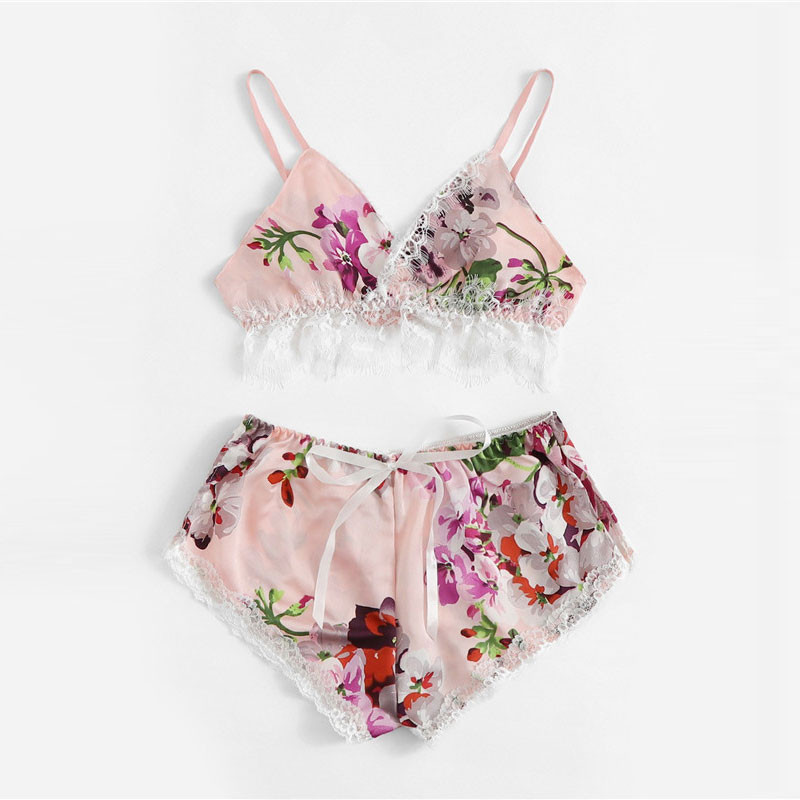 Kuumad elegantsed daami pidžaamakomplektid vabaaja sidemega aluspesu pitsprinteriga pesu magamisriided Naiste seksikas V-kaelusega lilleline Babydoll Plus Size