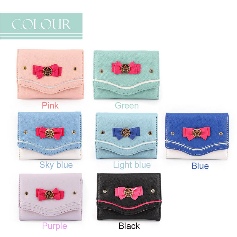 Reducere Stil dulce Sailor Moon Poșetă Poșetă din piele PU Carte de monede Geantă pentru femei Moda Bomboane Culoare Arc Nod Portofel scurt Cadou pentru fete