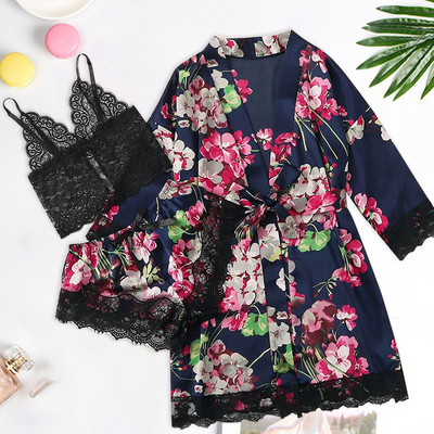 3PC Γυναικεία σέξι εσώρουχα Πυζά Δαντέλα Σατέν Πυζά Εσώρουχα Καμισόλα Νυχτερινή & Ρομπ Σετ πιτζάμες Sleep Wear Νυχτικό για το σπίτι