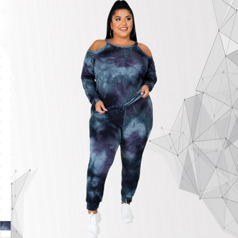 Oblečenie pre väčšie veľkosti pre ženy, sety s dlhým rukávom a topom s odhalenými ramenami, batikované dvojdielne outfity 3xl 4xl 5xl 6xl