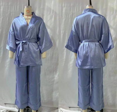 Μεταξωτές πιτζάμες Γυναικείες μασίφ κορδόνια Μακρυμάνικα μπλούζες ύπνου Ζακέτα Νυχτικό Σπίτι Φαρδιά παντελόνια Πιτζάμα Γυναικεία σαλόνια