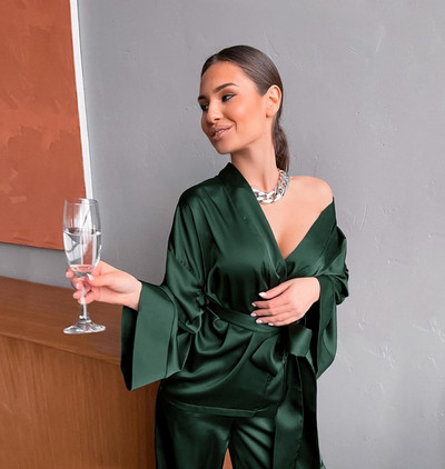 Μεταξωτές πιτζάμες Γυναικείες μασίφ κορδόνια Μακρυμάνικα μπλούζες ύπνου Ζακέτα Νυχτικό Σπίτι Φαρδιά παντελόνια Πιτζάμα Γυναικεία σαλόνια