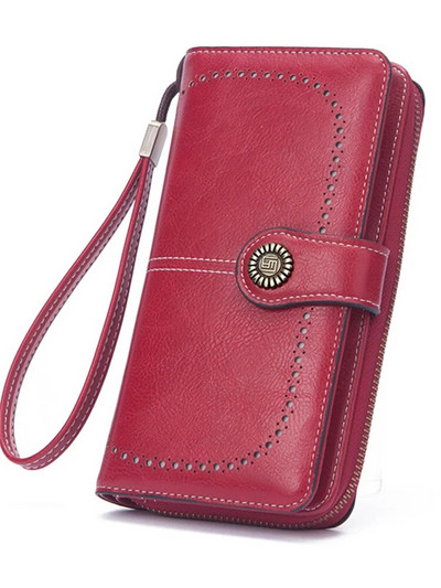 Νέο ρετρό μακρύ πορτοφόλι Vintage μονόχρωμο κερί λαδιού με κούφιο πορτοφόλι Πολυλειτουργική τσάντα κινητού τηλεφώνου μεγάλης χωρητικότητας για γυναίκες