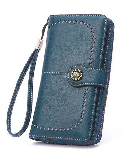 Νέο ρετρό μακρύ πορτοφόλι Vintage μονόχρωμο κερί λαδιού με κούφιο πορτοφόλι Πολυλειτουργική τσάντα κινητού τηλεφώνου μεγάλης χωρητικότητας για γυναίκες