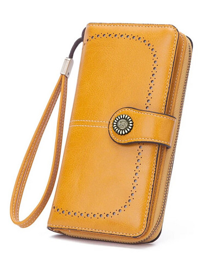 Νέο ρετρό μακρύ πορτοφόλι Vintage μονόχρωμο κερί λαδιού με κούφιο πορτοφόλι Πολυλειτουργική τσάντα κινητού τηλεφώνου μεγάλης χωρητικότητας για γυναίκες