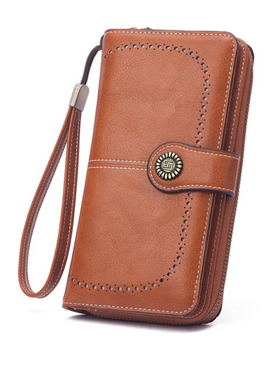 Νέο ρετρό μακρύ πορτοφόλι Vintage μονόχρωμο κερί λαδιού με κούφιο πορτοφόλι Πολυλειτουργική τσάντα κινητού τηλεφώνου μεγάλης χωρητικότητας για γυναίκες