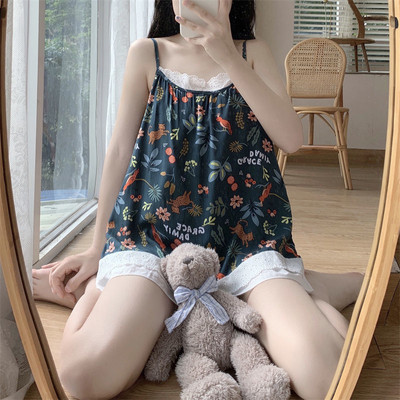 Καλοκαιρινή λεπτή σφεντόνα ρετρό ins φλοράλ δαντέλα ραφές στο σπίτι σέρβις 100 κιλών γυναικείες πιτζάμες δύο τεμαχίων