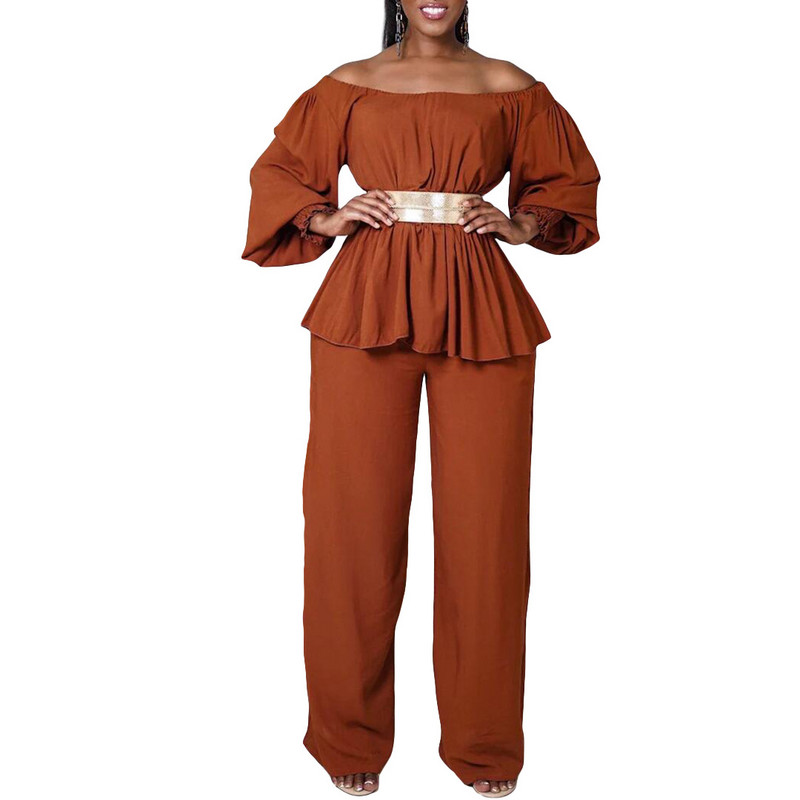 Elegáns, egyszínű, 2 részes női szett egysoros nyakú lámpás hosszú ujjú, rovátkolt, bő felső széles lábú nadrág szett övvel