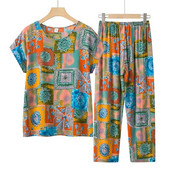 Fdfklak Set de pijamale de vară pentru bunica Pijama cu mâneci scurte Set de pijamale de vară din bumbac Marime mari haine multicolore pentru acasă