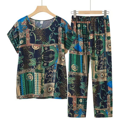 Fdfklak Set de pijamale de vară pentru bunica Pijama cu mâneci scurte Set de pijamale de vară din bumbac Marime mari haine multicolore pentru acasă