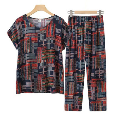 Fdfklak Set de pijamale de vară pentru bunica Pijama cu mâneci scurte Set de pijamale de vară din bumbac Marime mari haine multicolore pentru acasă