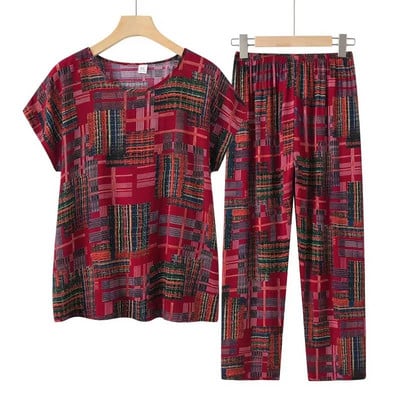 Fdfklak Set de pijamale de vară pentru bunica Pijama cu mâneci scurte Set de pijamale de vară din bumbac Marime mari haine multicolore pentru acasă